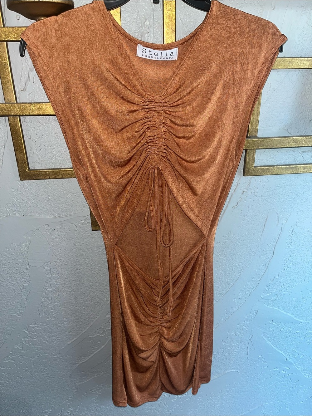 Stella Laguna Beach Copper Rust Ruched Cutout Midi Dress